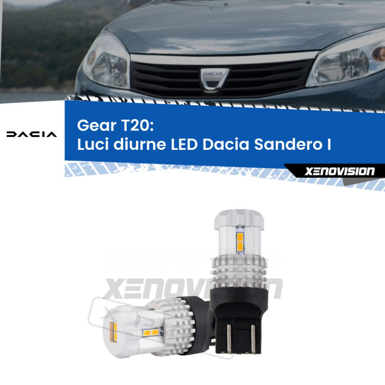 <strong>LED T20 </strong><strong>Luci diurne</strong> <strong>Dacia</strong> <strong>Sandero I </strong> 2008 - 2012. Coppia LED effetto Stealth, ottima resa in ogni direzione, Qualità Massima.