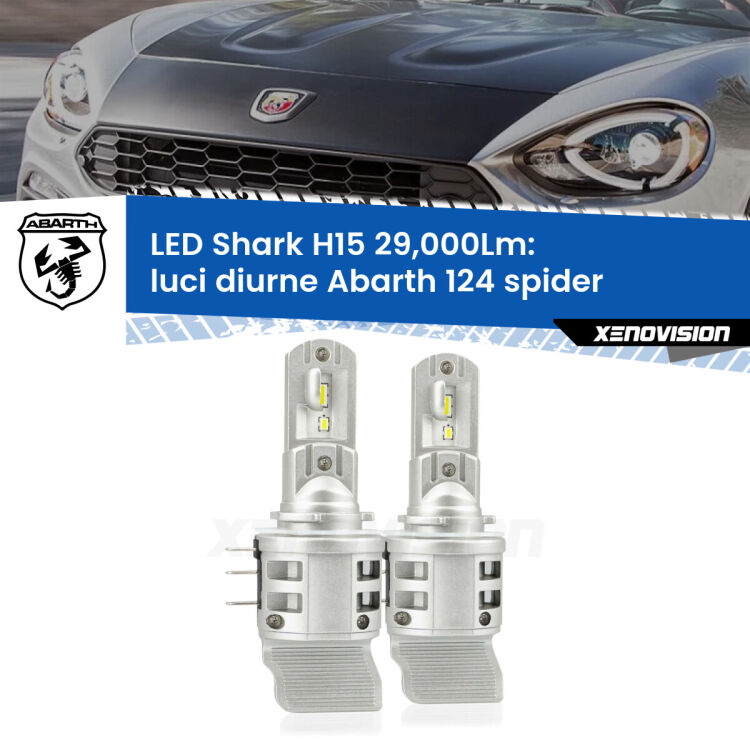 <strong>Kit luci diurne LED per Abarth 124 spider</strong>  2016 - 2019. Lampade <strong>H15</strong> doppia funzione (diurne + abbaglianti) Canbus modello Shark Xenovision.