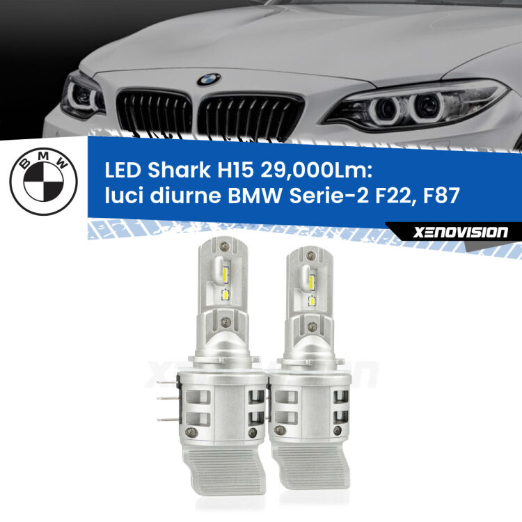 <strong>Kit luci diurne LED per BMW Serie-2</strong> F22, F87 2012 - 2015. Lampade <strong>H15</strong> doppia funzione (diurne + abbaglianti) Canbus modello Shark Xenovision.