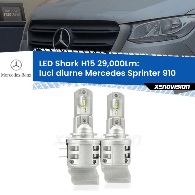 <strong>Kit luci diurne LED per Mercedes Sprinter</strong> 910 2018 in poi. Lampade <strong>H15</strong> doppia funzione (diurne + abbaglianti) Canbus modello Shark Xenovision.