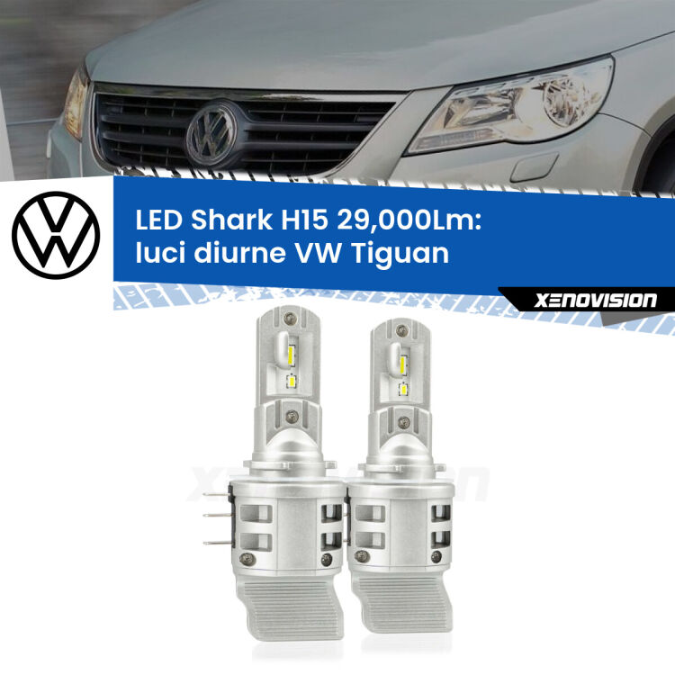 <strong>Kit luci diurne LED per VW Tiguan</strong>  2012 - 2018. Lampade <strong>H15</strong> doppia funzione (diurne + abbaglianti) Canbus modello Shark Xenovision.