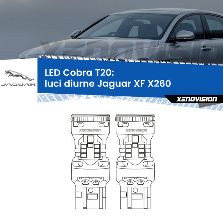 <strong>Luci diurne LED no-spie per Jaguar XF</strong> X260 2015 in poi. Coppia lampade <strong>T20</strong> modello Cobra super-canbus, raffreddate a ventola.