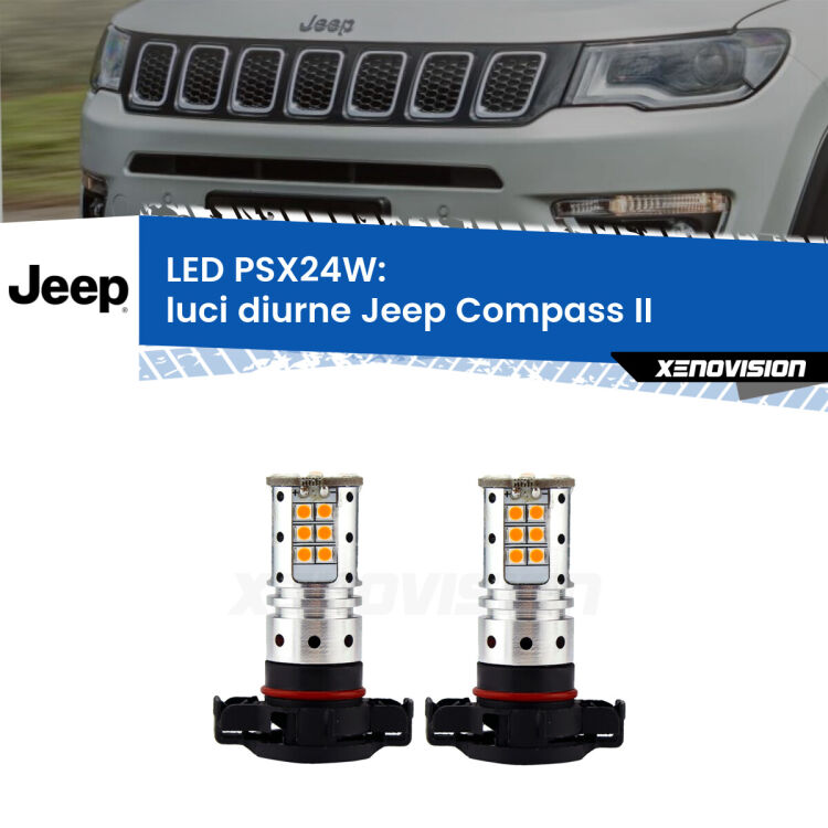 <strong>LED per luci diurne Jeep Compass</strong> II 2017 in poi. Coppia lampade <strong>PSX24W</strong> Canbus da Xenovision.