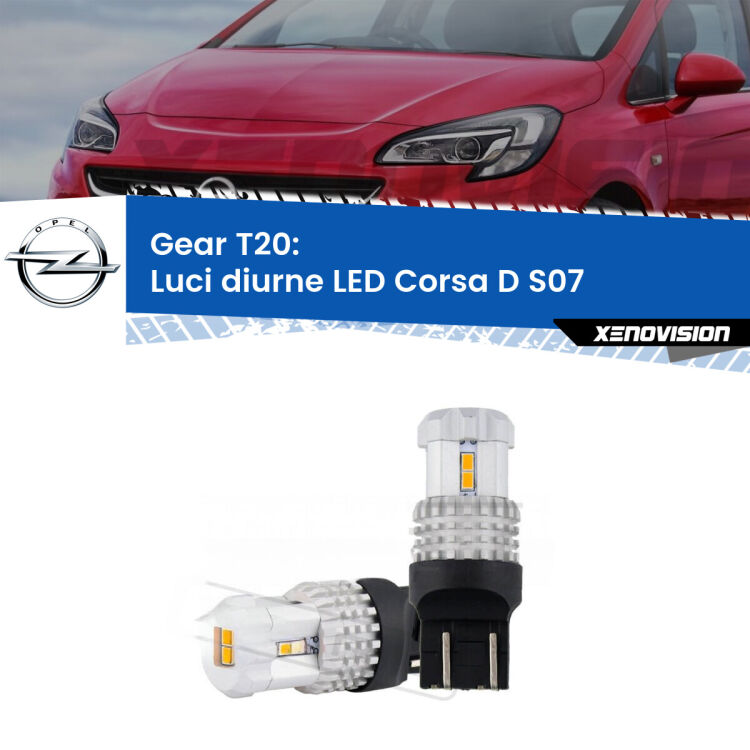 <strong>LED T20 </strong><strong>Luci diurne</strong> <strong>Opel</strong> <strong>Corsa D </strong>(S07) 2006 - 2014. Coppia LED effetto Stealth, ottima resa in ogni direzione, Qualità Massima.