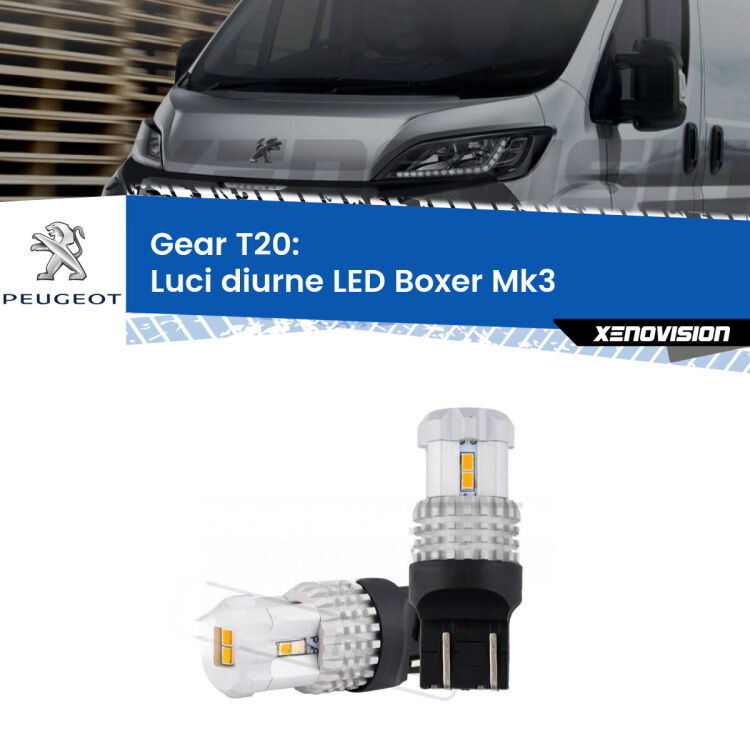 <strong>LED T20 </strong><strong>Luci diurne</strong> <strong>Peugeot</strong> <strong>Boxer </strong>(Mk3) 2014 in poi. Coppia LED effetto Stealth, ottima resa in ogni direzione, Qualità Massima.