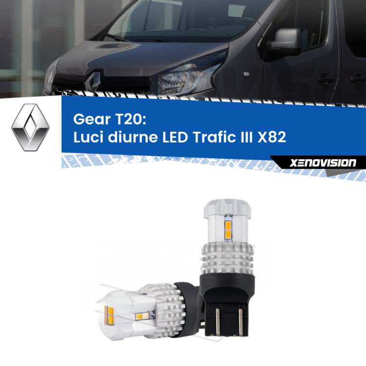 <strong>LED T20 </strong><strong>Luci diurne</strong> <strong>Renault</strong> <strong>Trafic III </strong>(X82) 2014 in poi. Coppia LED effetto Stealth, ottima resa in ogni direzione, Qualità Massima.