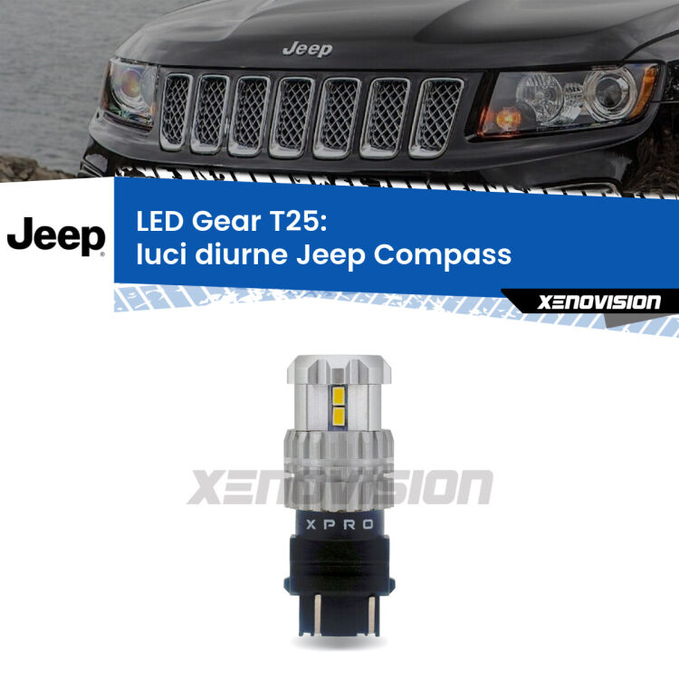 <strong>Luci diurne LED per Jeep Compass</strong>  2006 - 2016. Lampada <strong>T25</strong> 6000k modello Gear.