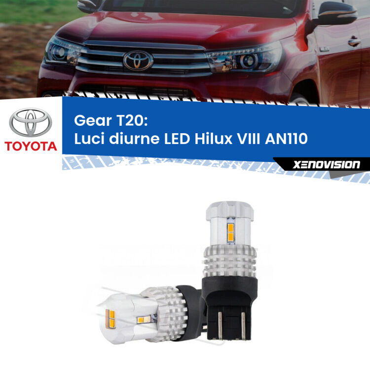 <strong>LED T20 </strong><strong>Luci diurne</strong> <strong>Toyota</strong> <strong>Hilux VIII </strong>(AN110) 2015 in poi. Coppia LED effetto Stealth, ottima resa in ogni direzione, Qualità Massima.