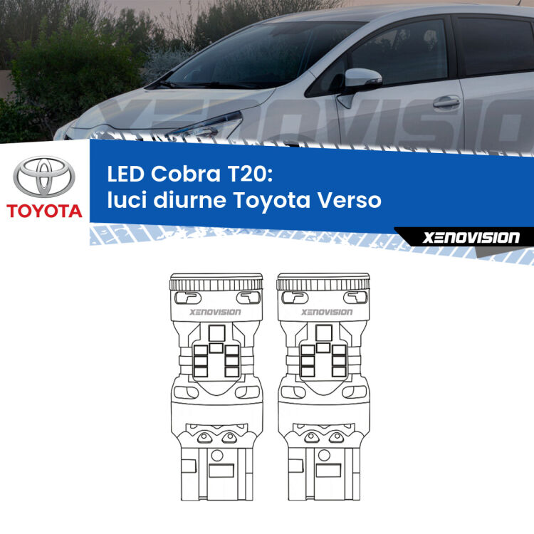 <strong>Luci diurne LED no-spie per Toyota Verso</strong>  2012 - 2018. Coppia lampade <strong>T20</strong> modello Cobra super-canbus, raffreddate a ventola.