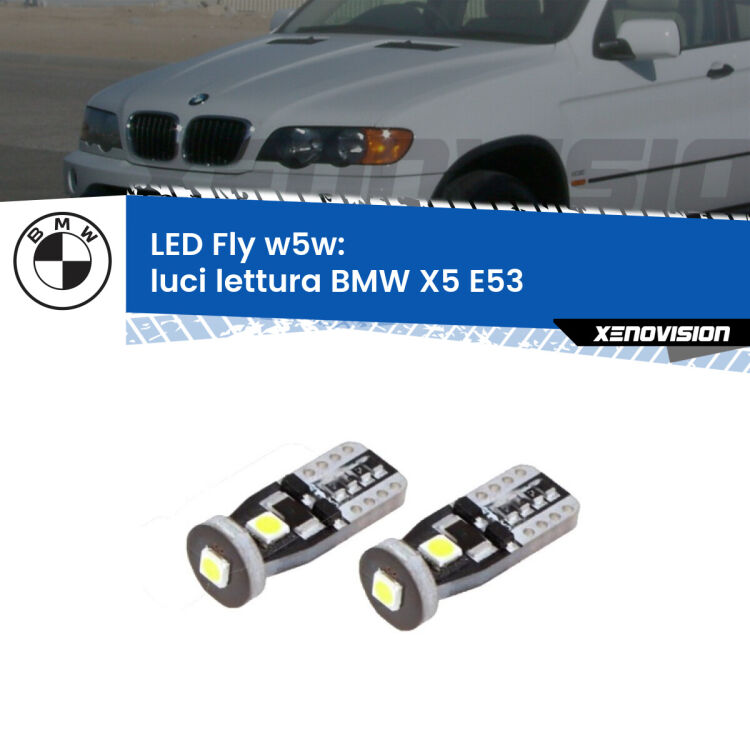 <strong>luci lettura LED per BMW X5</strong> E53 1999 - 2005. Coppia lampadine <strong>w5w</strong> Canbus compatte modello Fly Xenovision.