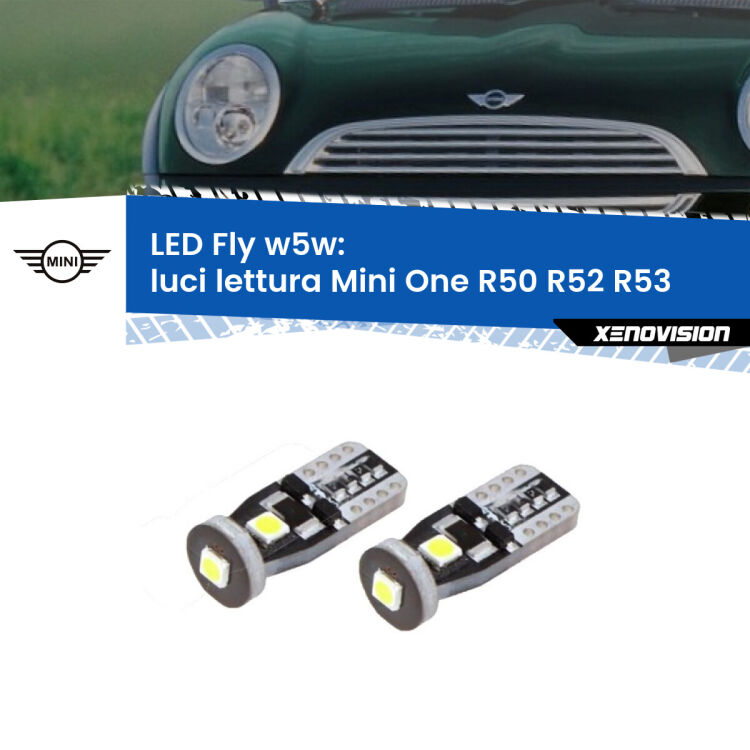 <strong>luci lettura LED per Mini One</strong> R50 R52 R53 2001 - 2006. Coppia lampadine <strong>w5w</strong> Canbus compatte modello Fly Xenovision.