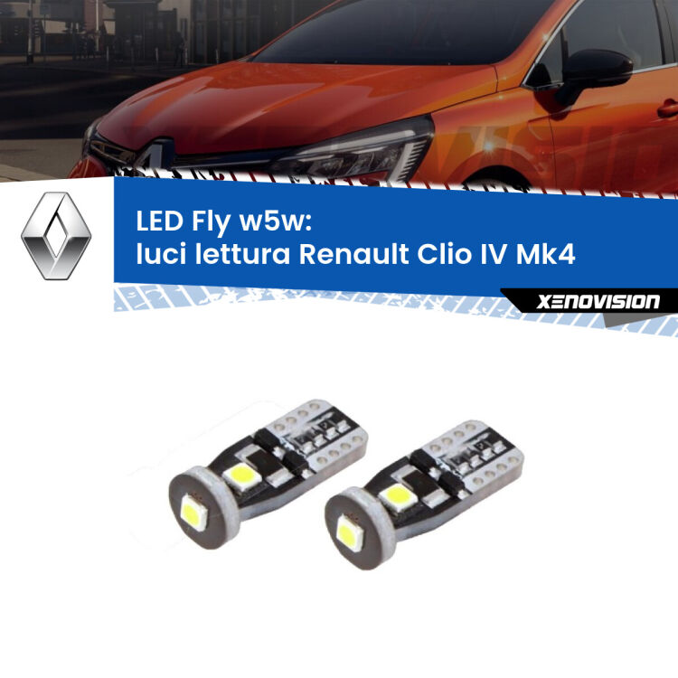 <strong>luci lettura LED per Renault Clio IV</strong> Mk4 2012 - 2018. Coppia lampadine <strong>w5w</strong> Canbus compatte modello Fly Xenovision.