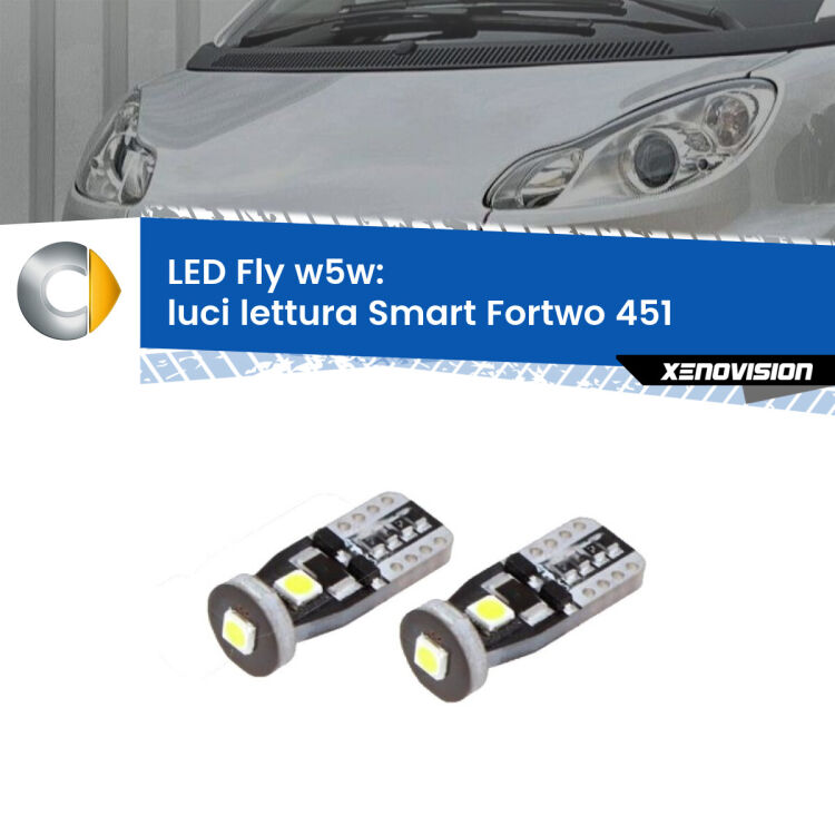 <strong>luci lettura LED per Smart Fortwo</strong> 451 2007 - 2014. Coppia lampadine <strong>w5w</strong> Canbus compatte modello Fly Xenovision.