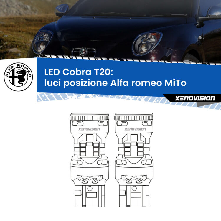 <strong>Luci posizione LED no-spie per Alfa romeo MiTo</strong>  2008-2018. Coppia lampade <strong>T20</strong> modello Cobra super-canbus, raffreddate a ventola.