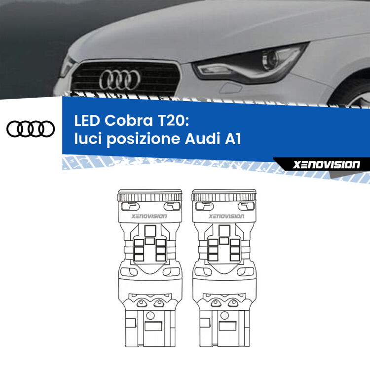 <strong>Luci posizione LED no-spie per Audi A1</strong>  2010-2014. Coppia lampade <strong>T20</strong> modello Cobra super-canbus, raffreddate a ventola.