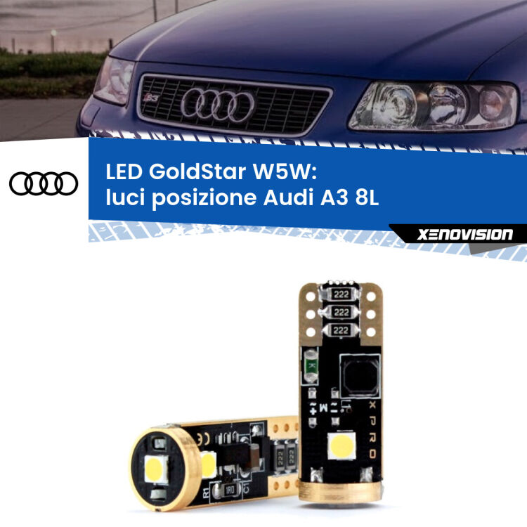 <strong>Luci posizione LED Audi A3</strong> 8L 1996-2003: ottima luminosità a 360 gradi. Si inseriscono ovunque. Canbus, Top Quality.