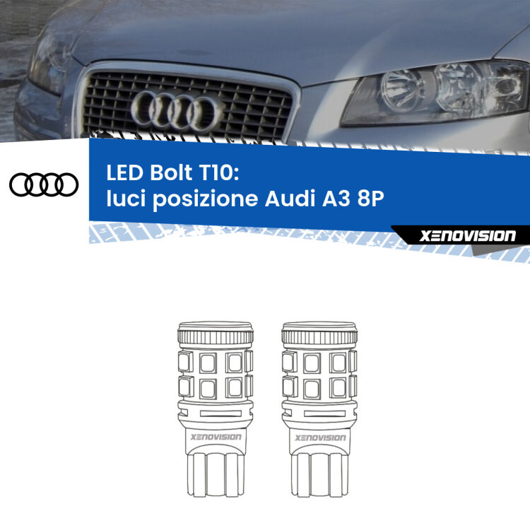 <strong>Luci posizione LED per Audi A3</strong> 8P 2003-2008. Coppia lampade <strong>T10</strong> modello Bolt canbus.