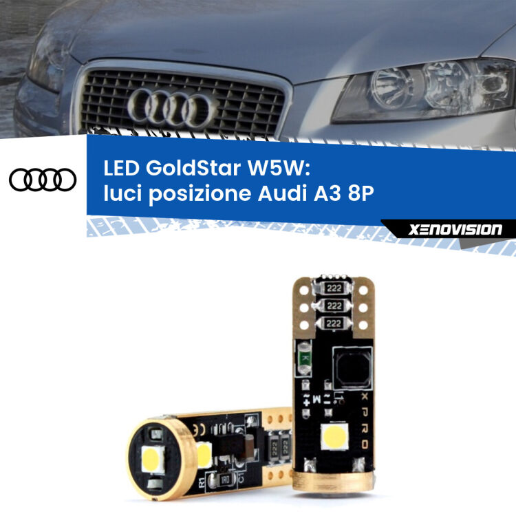 <strong>Luci posizione LED Audi A3</strong> 8P 2003-2008: ottima luminosità a 360 gradi. Si inseriscono ovunque. Canbus, Top Quality.