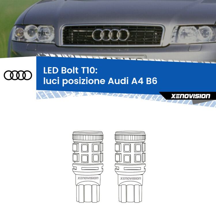 <strong>Luci posizione LED per Audi A4</strong> B6 2000-2004. Coppia lampade <strong>T10</strong> modello Bolt canbus.