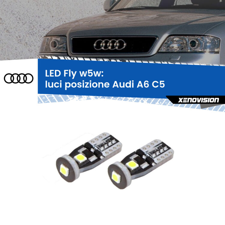 <strong>luci posizione LED per Audi A6</strong> C5 1997-2004. Coppia lampadine <strong>w5w</strong> Canbus compatte modello Fly Xenovision.