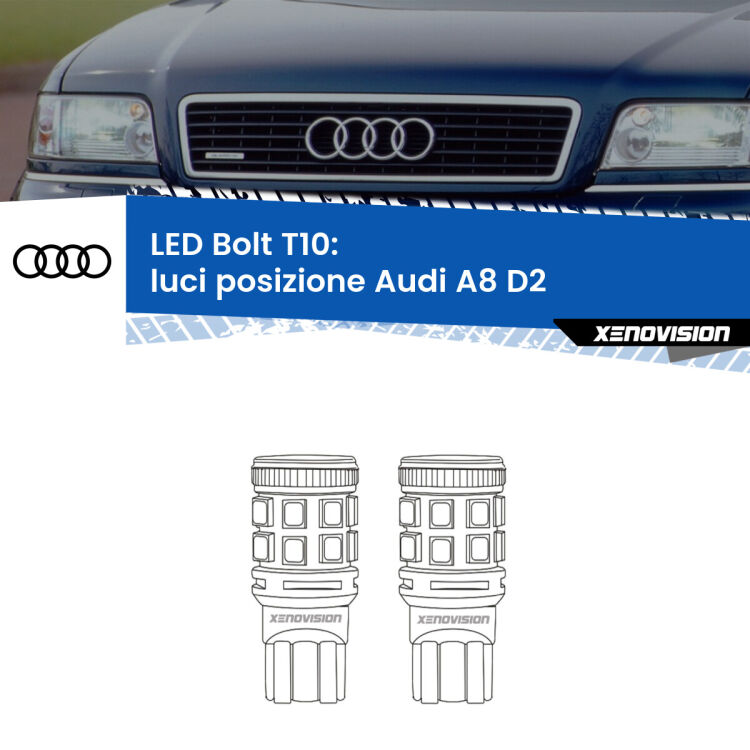 <strong>Luci posizione LED per Audi A8</strong> D2 1994-1998. Coppia lampade <strong>T10</strong> modello Bolt canbus.