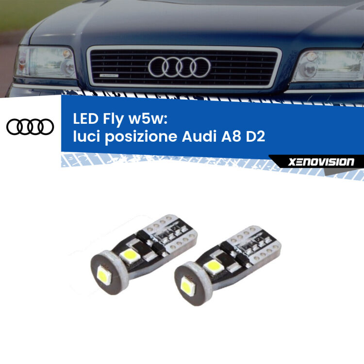 <strong>luci posizione LED per Audi A8</strong> D2 1994-2002. Coppia lampadine <strong>w5w</strong> Canbus compatte modello Fly Xenovision.