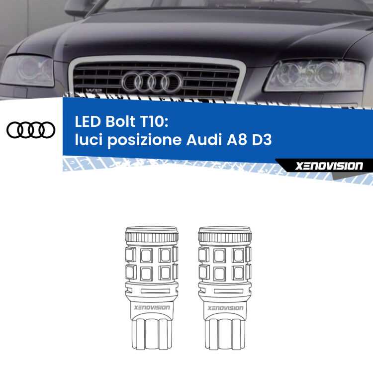 <strong>Luci posizione LED per Audi A8</strong> D3 2002-2009. Coppia lampade <strong>T10</strong> modello Bolt canbus.