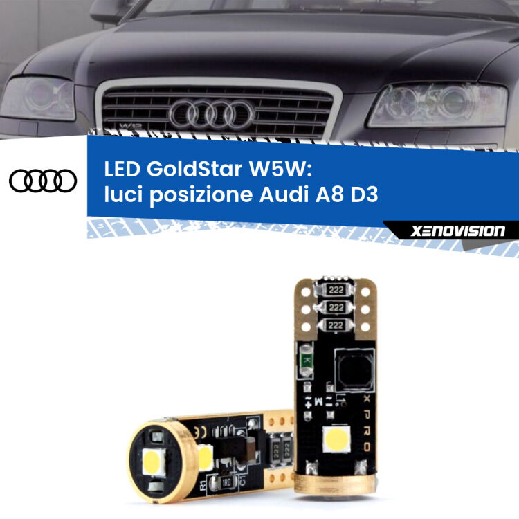 <strong>Luci posizione LED Audi A8</strong> D3 2002-2009: ottima luminosità a 360 gradi. Si inseriscono ovunque. Canbus, Top Quality.