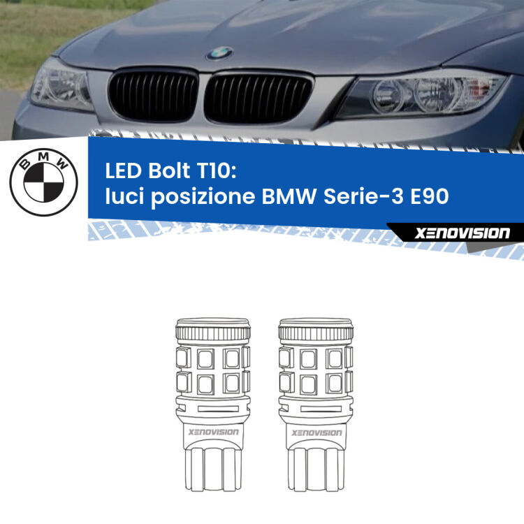 <strong>Luci posizione LED per BMW Serie-3</strong> E90 con fari alogeni. Coppia lampade <strong>T10</strong> modello Bolt canbus.