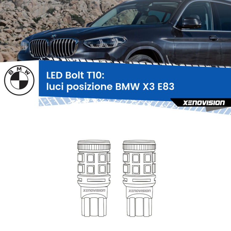 <strong>Luci posizione LED per BMW X3</strong> E83 2003-2006. Coppia lampade <strong>T10</strong> modello Bolt canbus.