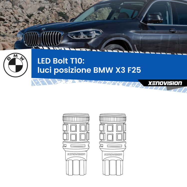 <strong>Luci posizione LED per BMW X3</strong> F25 2010-2016. Coppia lampade <strong>T10</strong> modello Bolt canbus.