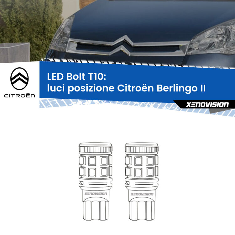 <strong>Luci posizione LED per Citroën Berlingo</strong> II 2008-2017. Coppia lampade <strong>T10</strong> modello Bolt canbus.