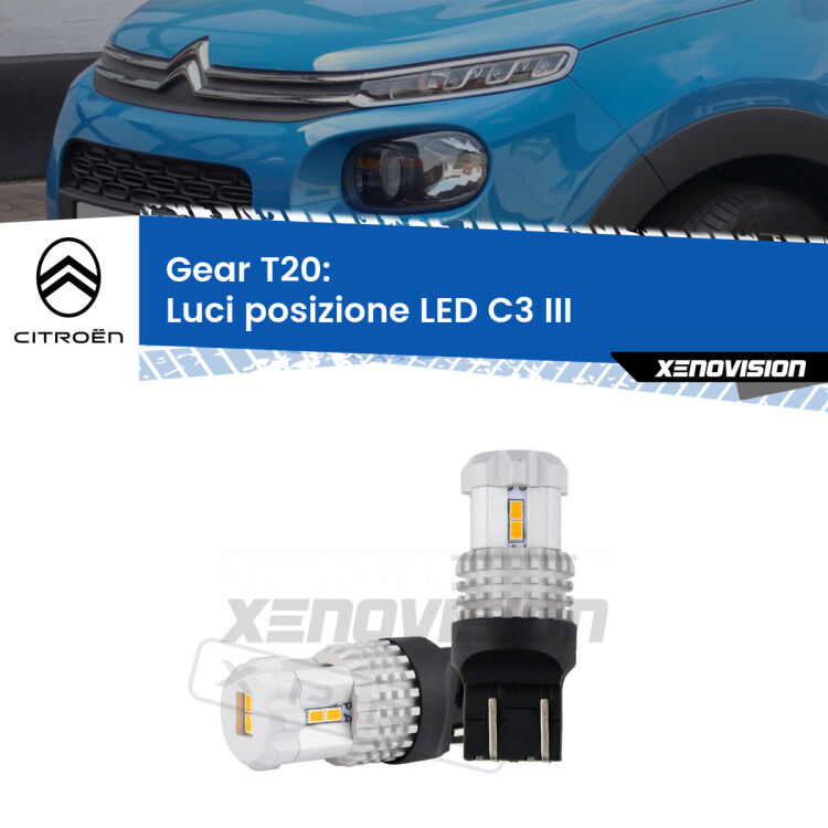 <strong>LED T20 </strong><strong>Luci posizione</strong> <strong>Citroën</strong> <strong>C3 </strong>(III) 2016in poi. Coppia LED effetto Stealth, ottima resa in ogni direzione, Qualità Massima.