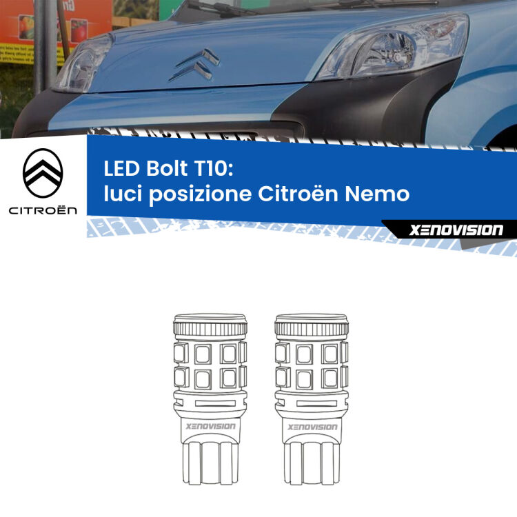 <strong>Luci posizione LED per Citroën Nemo</strong>  2008in poi. Coppia lampade <strong>T10</strong> modello Bolt canbus.