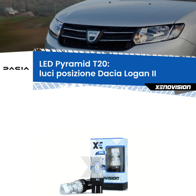 Coppia <strong>Luci posizione LED</strong> per Dacia <strong>Logan II</strong>  2012in poi. Lampadine premium <strong>T20</strong> ultra luminose e super canbus, modello Pyramid Xenovision.