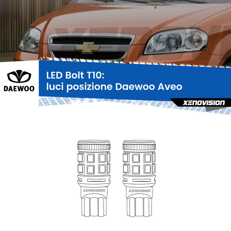 <strong>Luci posizione LED per Daewoo Aveo</strong>  2002-2005. Coppia lampade <strong>T10</strong> modello Bolt canbus.