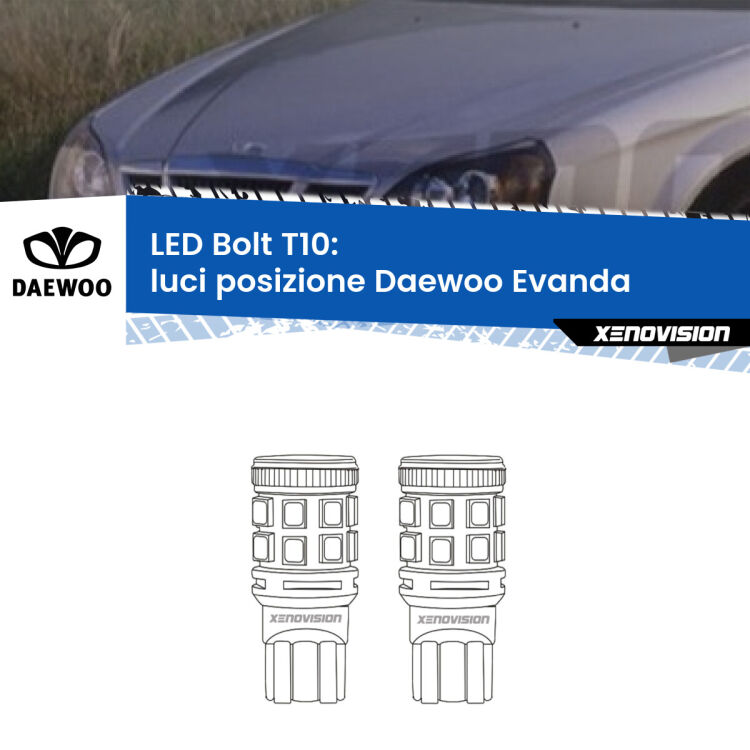 <strong>Luci posizione LED per Daewoo Evanda</strong>  2002-2005. Coppia lampade <strong>T10</strong> modello Bolt canbus.