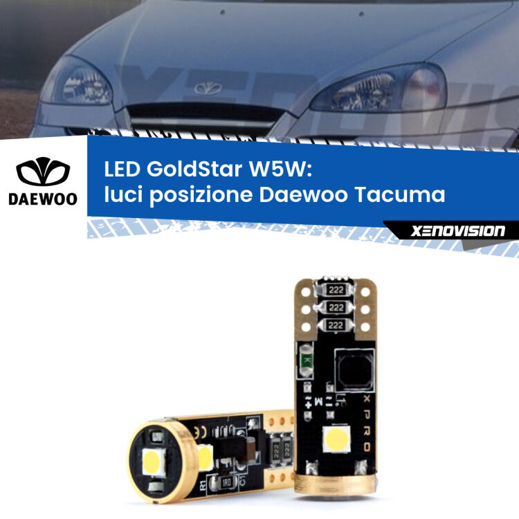 <strong>Luci posizione LED Daewoo Tacuma</strong>  2000-2005: ottima luminosità a 360 gradi. Si inseriscono ovunque. Canbus, Top Quality.