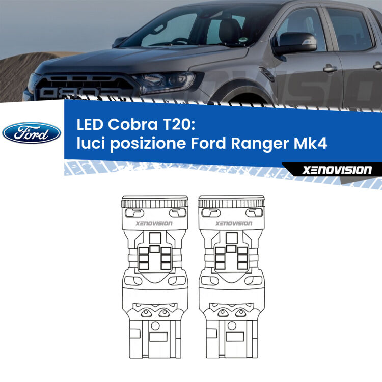 <strong>Luci posizione LED no-spie per Ford Ranger</strong> Mk4 con luci diurne. Coppia lampade <strong>T20</strong> modello Cobra super-canbus, raffreddate a ventola.