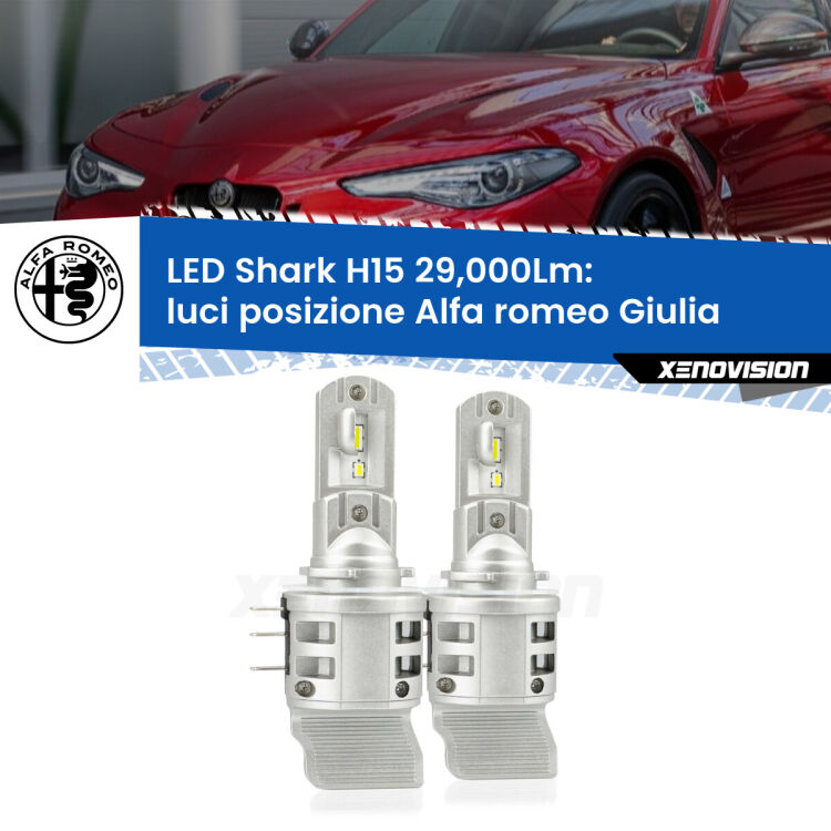 <strong>Kit luci posizione LED per Alfa romeo Giulia</strong>  2015in poi. Lampade <strong>H15</strong> doppia funzione (diurne + abbaglianti) Canbus modello Shark Xenovision.