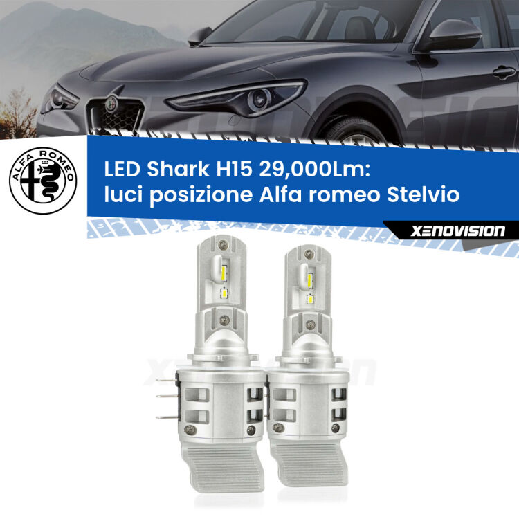 <strong>Kit luci posizione LED per Alfa romeo Stelvio</strong>  2016in poi. Lampade <strong>H15</strong> doppia funzione (diurne + abbaglianti) Canbus modello Shark Xenovision.