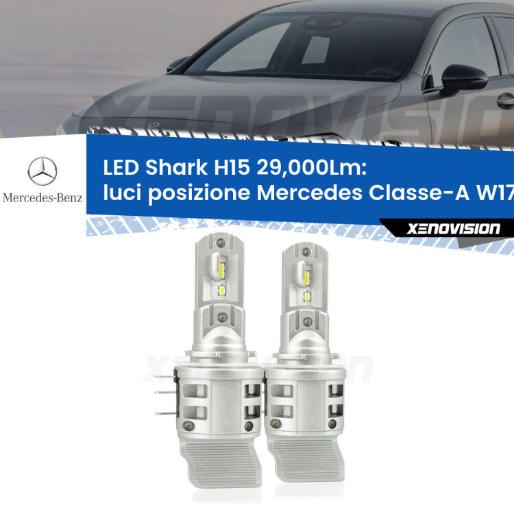 <strong>Kit luci posizione LED per Mercedes Classe-A</strong> W176 2012-2018. Lampade <strong>H15</strong> doppia funzione (diurne + abbaglianti) Canbus modello Shark Xenovision.