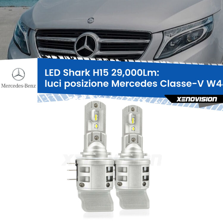 <strong>Kit luci posizione LED per Mercedes Classe-V</strong> W447 2014in poi. Lampade <strong>H15</strong> doppia funzione (diurne + abbaglianti) Canbus modello Shark Xenovision.