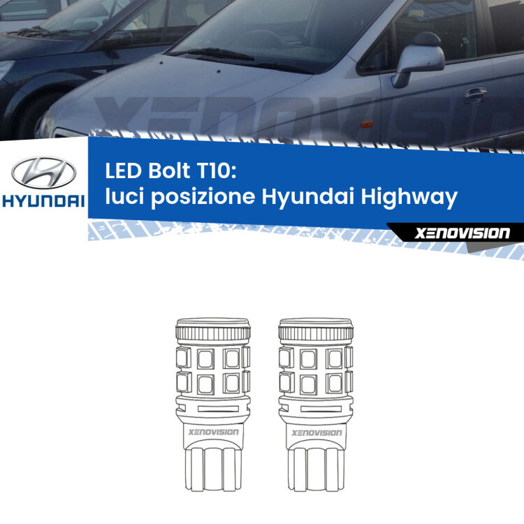 <strong>Luci posizione LED per Hyundai Highway</strong>  2000-2004. Coppia lampade <strong>T10</strong> modello Bolt canbus.