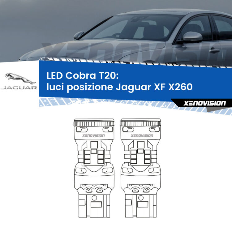 <strong>Luci posizione LED no-spie per Jaguar XF</strong> X260 2015in poi. Coppia lampade <strong>T20</strong> modello Cobra super-canbus, raffreddate a ventola.