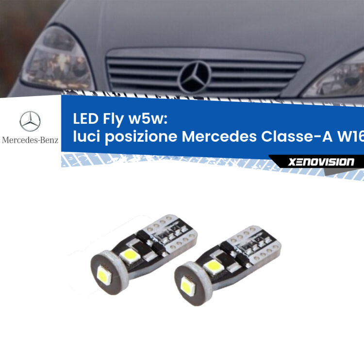 <strong>luci posizione LED per Mercedes Classe-A</strong> W168 1997-2004. Coppia lampadine <strong>w5w</strong> Canbus compatte modello Fly Xenovision.