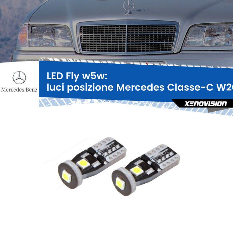 <strong>luci posizione LED per Mercedes Classe-C</strong> W202 1993-2000. Coppia lampadine <strong>w5w</strong> Canbus compatte modello Fly Xenovision.