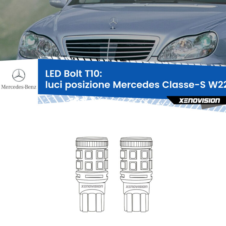 <strong>Luci posizione LED per Mercedes Classe-S</strong> W220 1998-2005. Coppia lampade <strong>T10</strong> modello Bolt canbus.