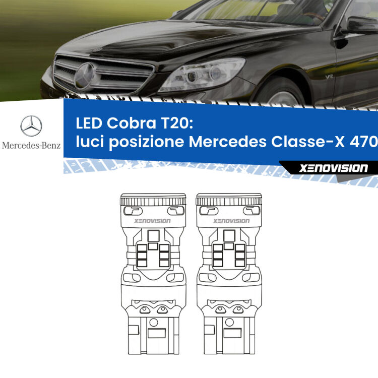 <strong>Luci posizione LED no-spie per Mercedes Classe-X</strong> 470 2017in poi. Coppia lampade <strong>T20</strong> modello Cobra super-canbus, raffreddate a ventola.