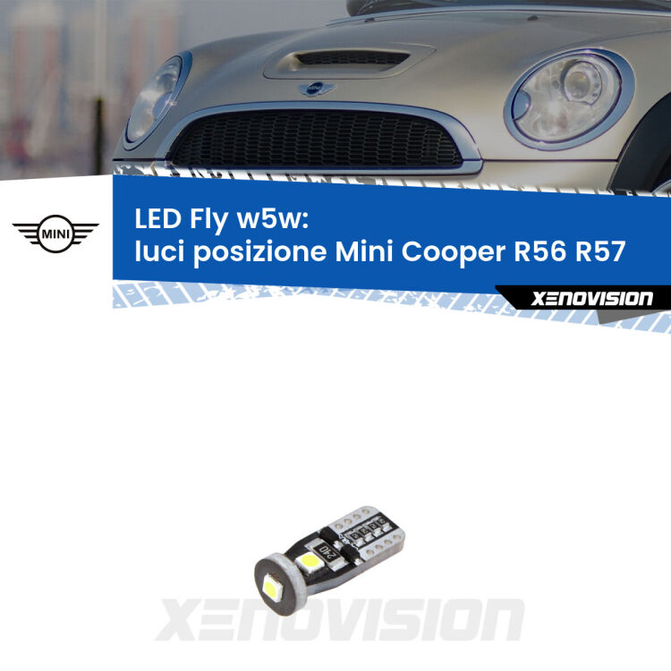 <strong>luci posizione LED per Mini Cooper</strong> R56 R57 2006-2013. Coppia lampadine <strong>w5w</strong> Canbus compatte modello Fly Xenovision.